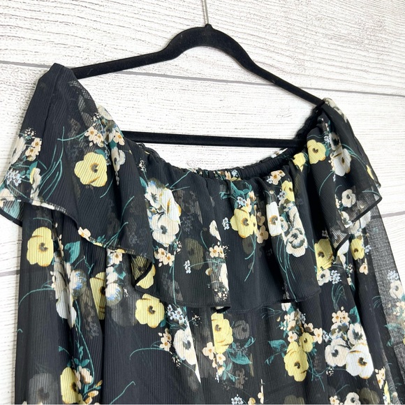 Sheer Black Floral Ruffled Off Shoulder Flowy Blouse Top Size 0X - Picture 5 of 8